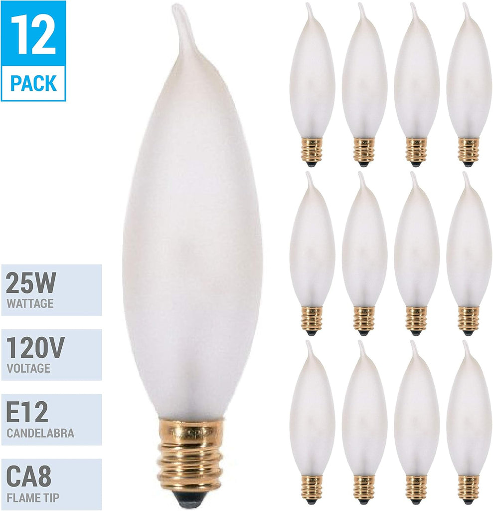25W Frosted Flame Tip Incandescent Bulbs, Candelabra E12, 12-Pack