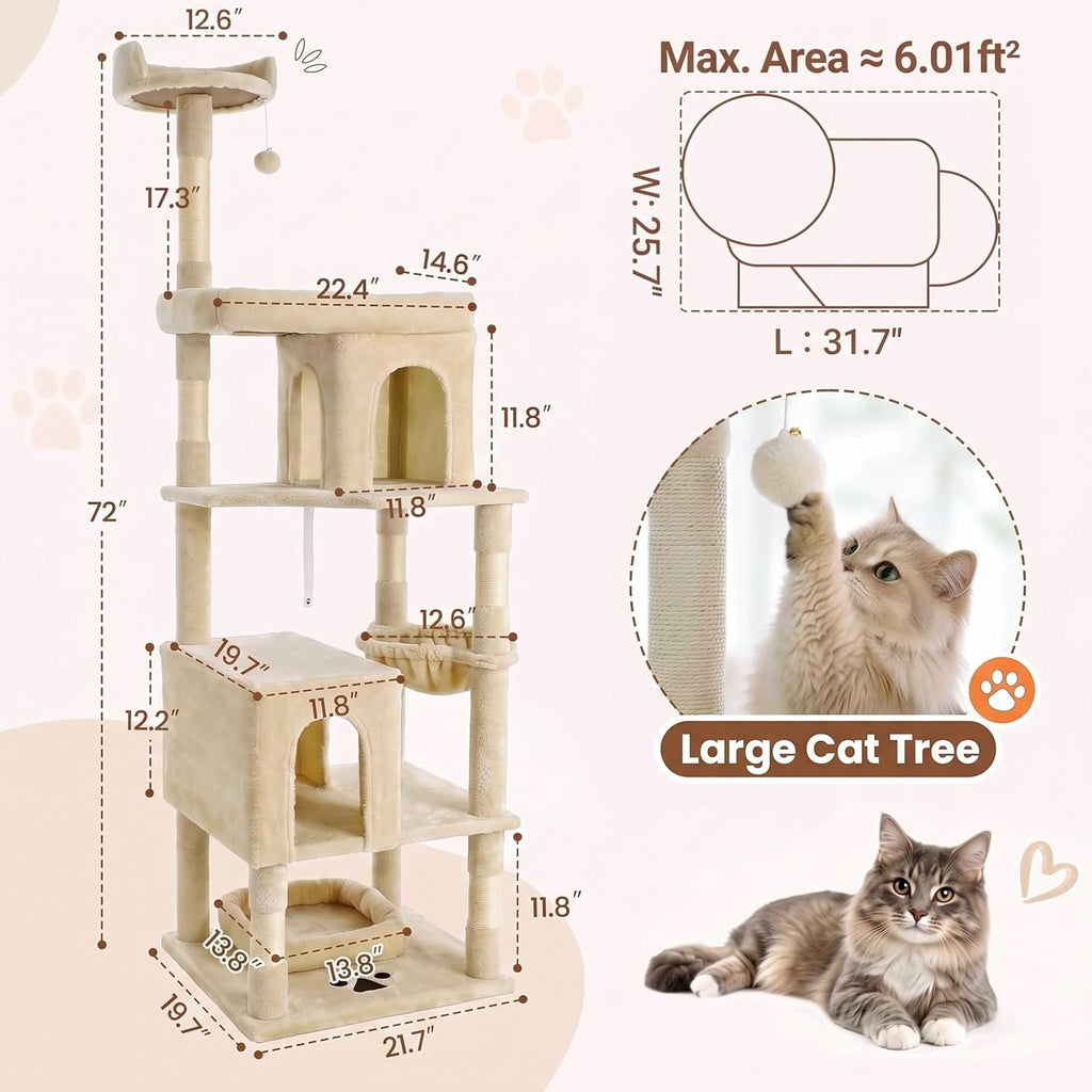 72'' Cat Tree Tower Condo, Heavy Duty with Scratching Posts Indoor
