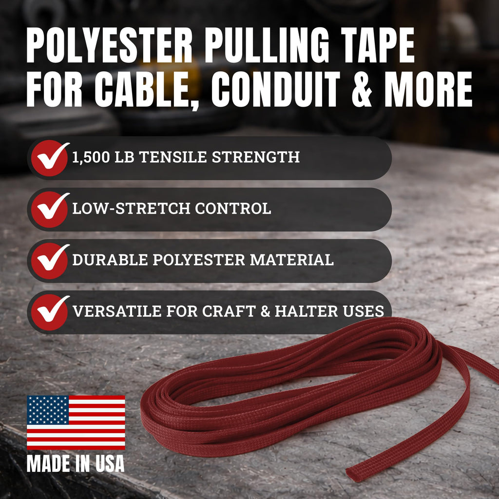Pull Line - 5/8 Inch, 1,500 lb, Flat Polyester Pulling Tape, Conduit Wire Pulling, Made in USA, Burgundy, 350 ft