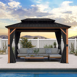 8' X 12' Hardtop Gazebo Outdoor Wood Grain Aluminum Frame Galvanized Steel Double Roof Gazebos with Netting and