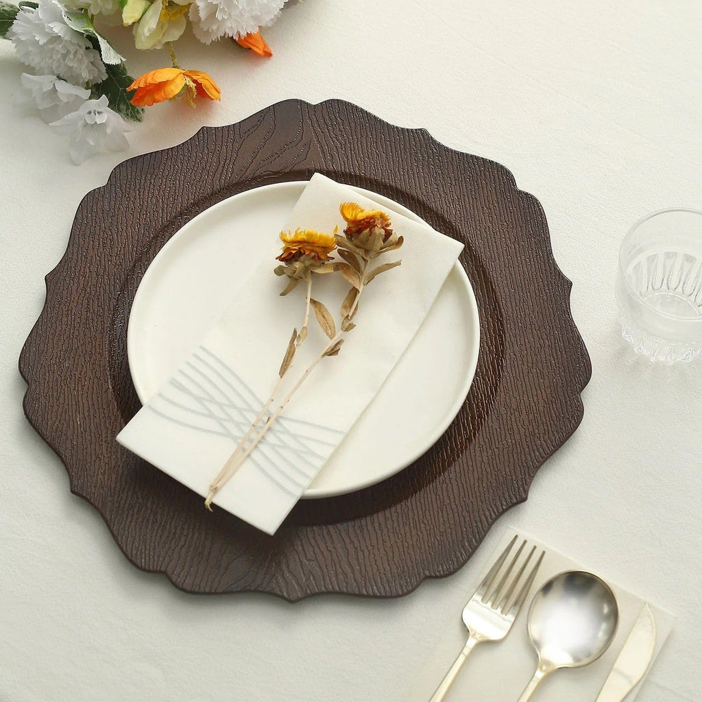 Rustic Brown 13 in Wooden Round Acrylic Charger Plates | 13-Inch Scalloped Trim Serving Dinnerware Set for Dinner