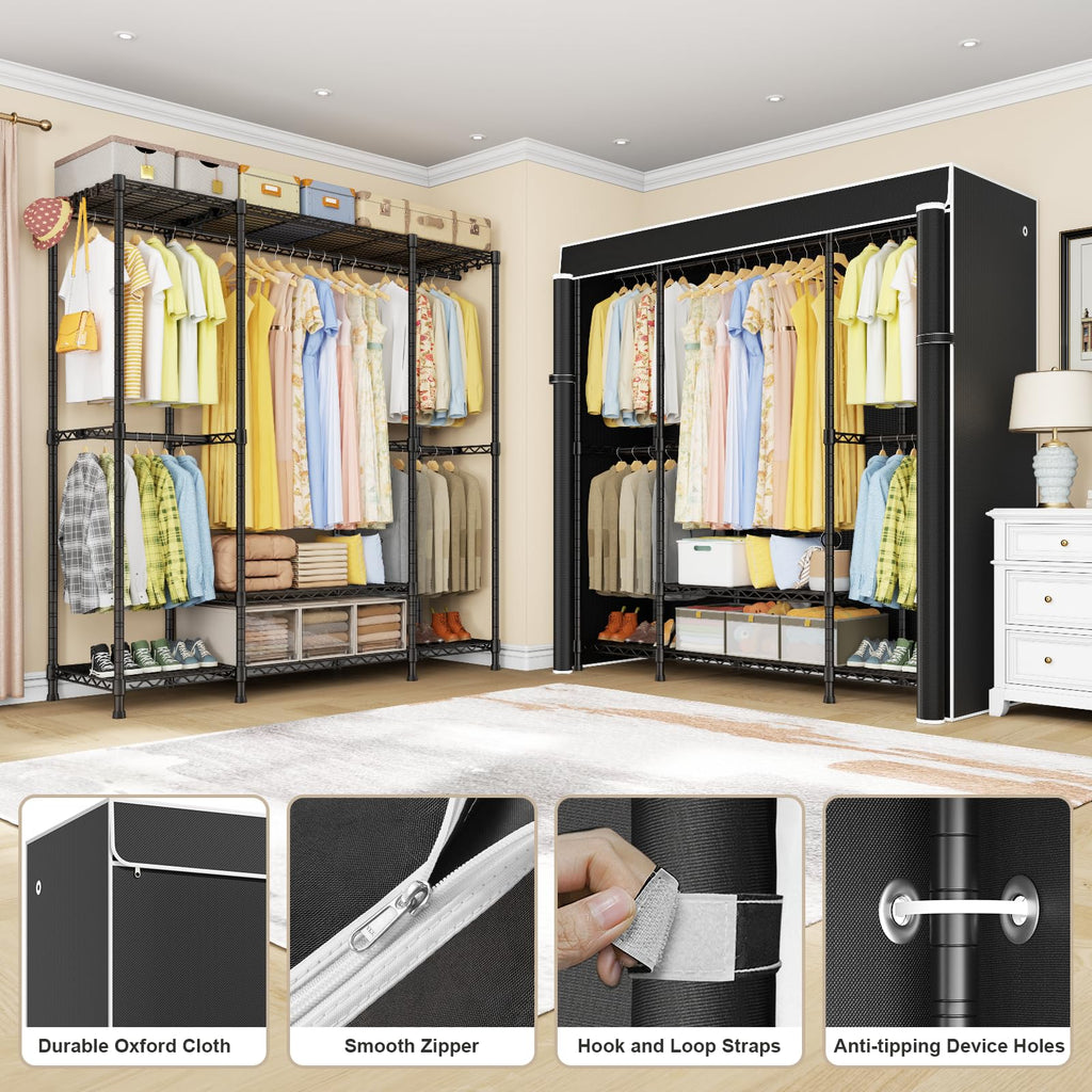 E3C Heavy Duty Portable Closet Wardrobe with Black Fabric Cover