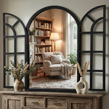Arched Rustic Farmhouse Wood Mirror for Wall, 28" x 40", Black