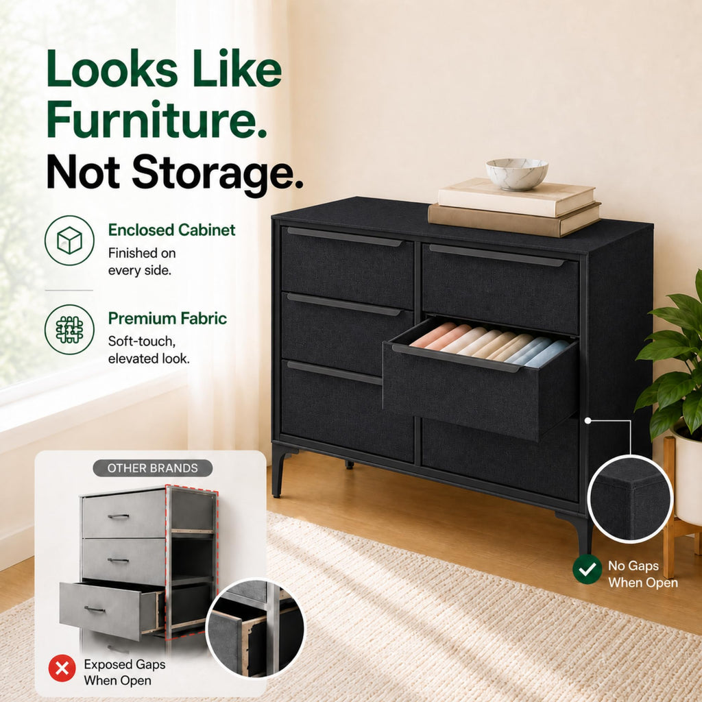 Naima 6-Drawer Premium Fabric Dresser, Waterproof, Black