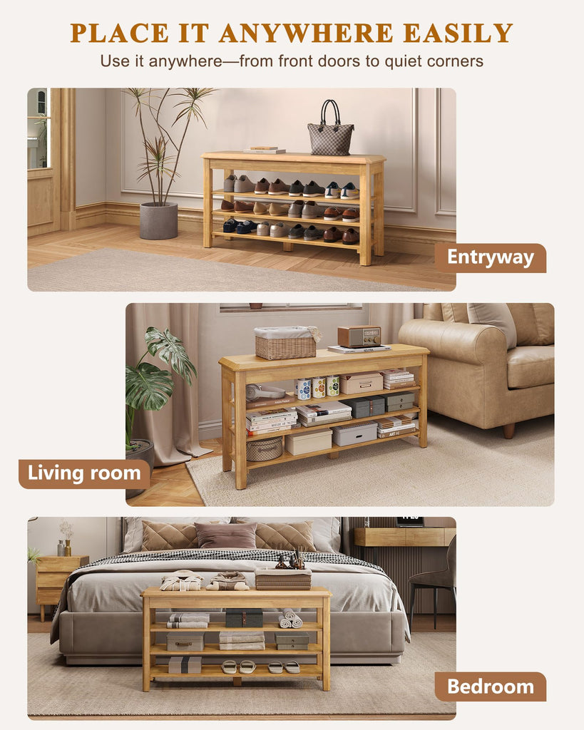 Shoe Rack Bench Seat Rubberwood 3-Tier Wooden Storage Bench 550lbs Compact Mid-Century Modern Design, Closet, Front
