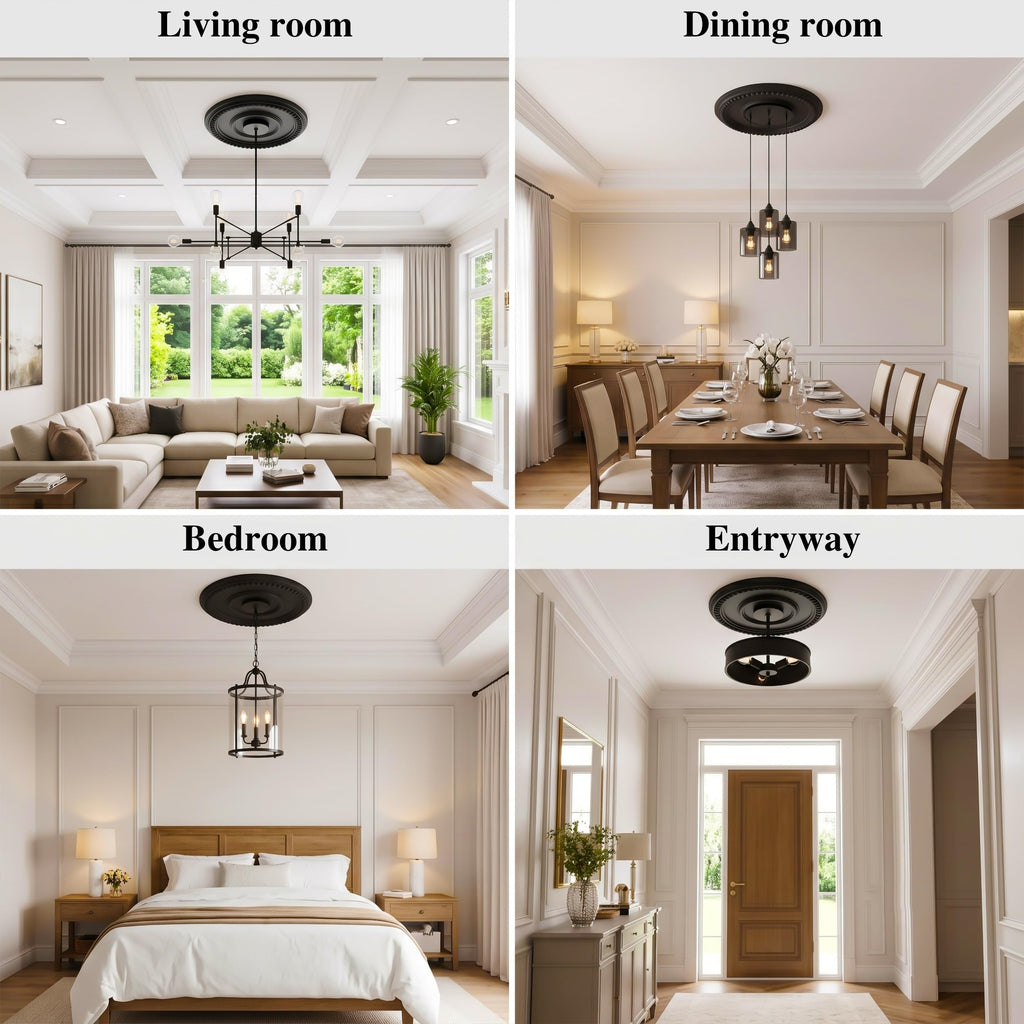 12 Inch OD x 4inch ID Black Ceiling Medallion Plate - PU Plastic Decorative Cover for Fan, Light Fixtures, Chandelier