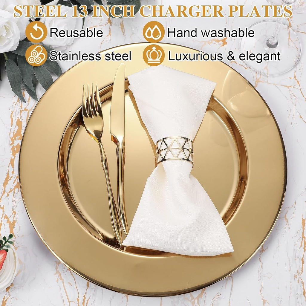 Stainless Steel Gold Charger Plates Bulk 13 Inch Round Set - Set of 12
