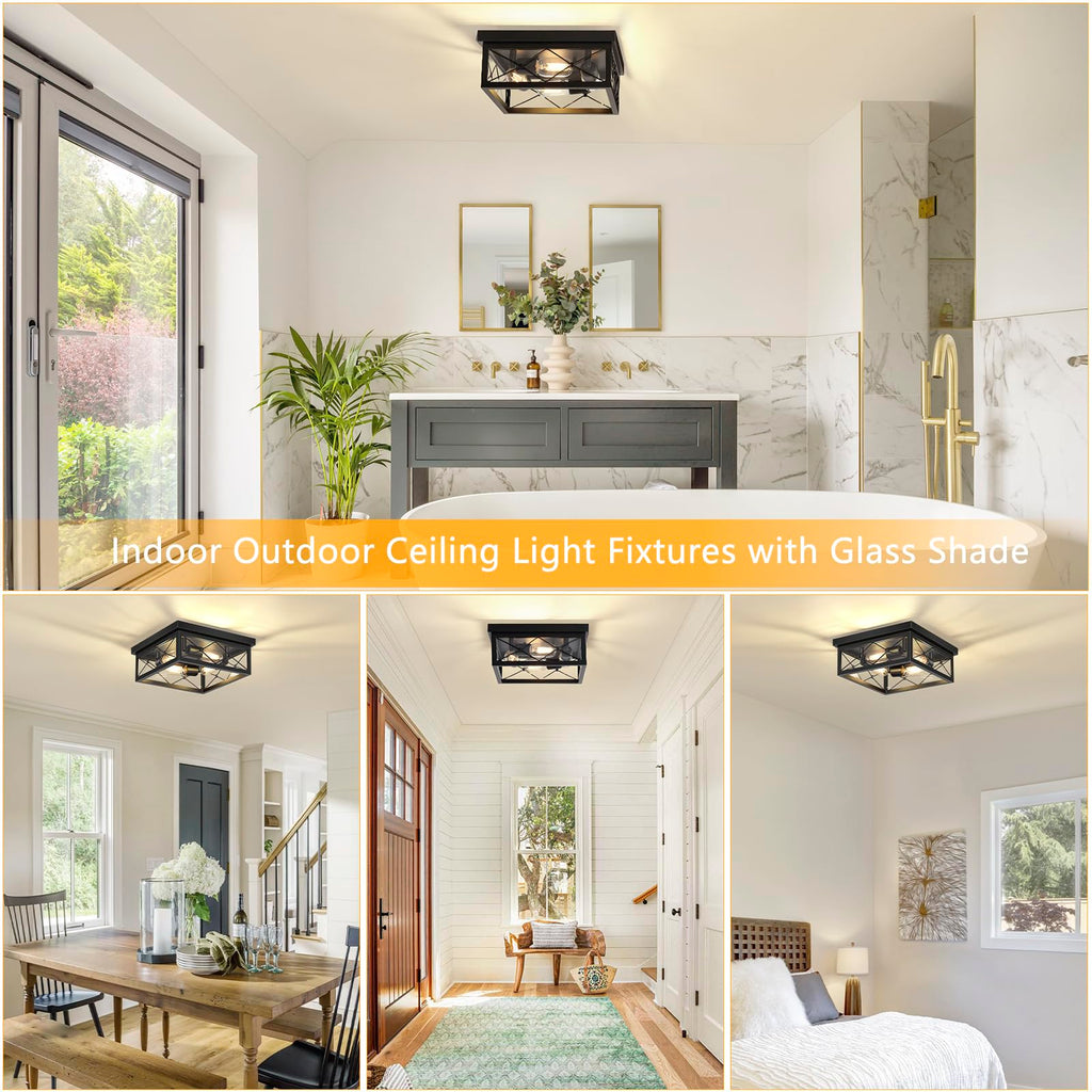 12" Square Flush Mount Ceiling Light with Clear Glass Shade, 4-Light Farmhouse Outdoor Porch Ceiling Light Fixtures