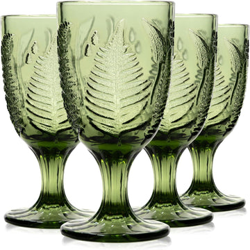 Green Glass Goblets Set of 4, 10 oz Hand-Pressed Vintage Glassware, Textured Fern Embossed Drinking Glasses, Boho