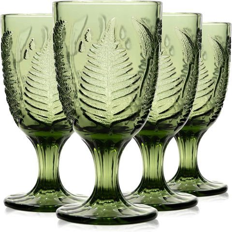 Green Glass Goblets Set of 4, 10 oz Hand-Pressed Vintage Glassware, Textured Fern Embossed Drinking Glasses, Boho