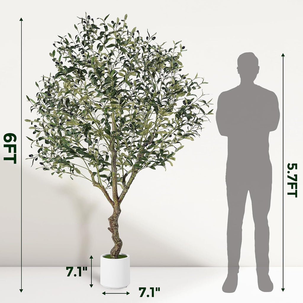 6FT Artificial Olive Tree in Pot, Faux Olive Tree w/Natural Trunk, Leaves