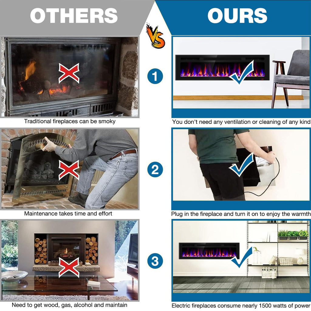 60 Inch Electric Fireplace Recessed and Wall Mounted, Fireplace Heater and Linear Fireplace, Ultra-Thin Electric