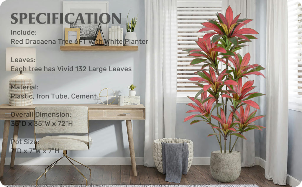 Artificial Red Dracaena Tree 6FT with 132 Leaves & White Planter