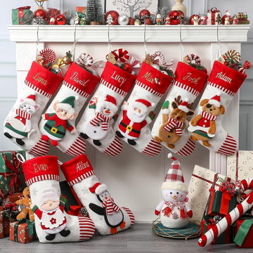With Embroidered Name & Monogram, 3D Xmas Character Stocking 5 Pack 18" Large,Santa,Snowman & Reindeer Fireplace - Set of 5