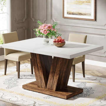 47-Inch Dining Table for 4, White Kitchen Dinner Table with Heavy Duty Pedestal, Farmhouse Wooden Eating Table