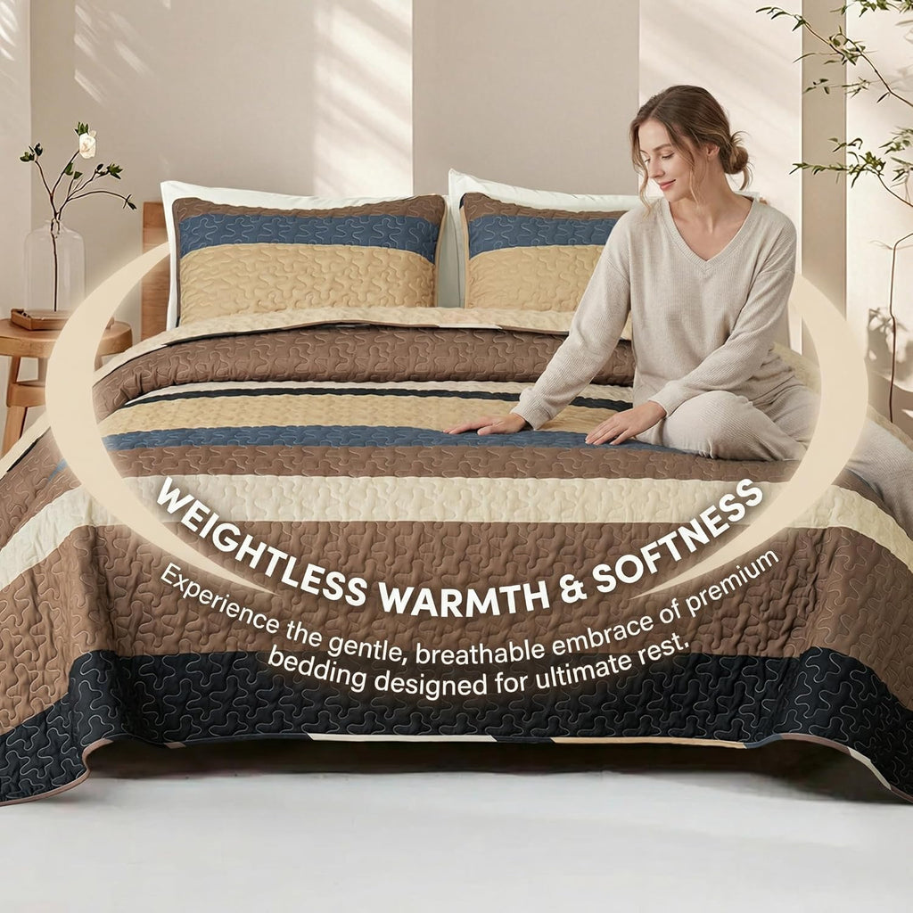 Full Queen Quilt Set - Reversible Camel Quilts Queen with 2 Pillow Shams, Lightweight Boho Striped Bedspreads