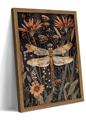 Vintage Framed Dragonfly Wall Art, Dark Academia Insect Art Print, Modern Farmhouse Wall Decor, Botanical Floral