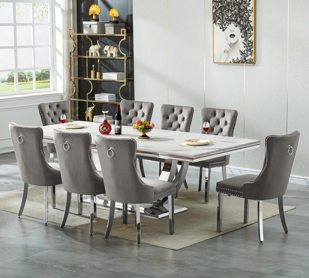 94.5" Large Marble Dining Table Set for 8, Luxury White Silver Kitchen Table with 8 Grey Velvet Tufted Chairs, Modern
