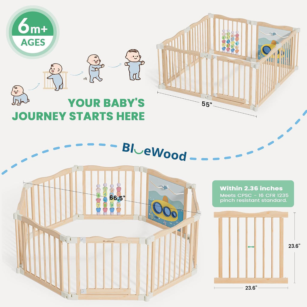 Foldable Wooden Playpen, 55 x 55 x 24 inches, Ocean Adventure, Natural | Adjustable Wood Baby Play Yard with