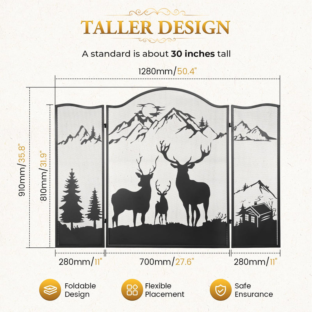 3-Panel Fireplace Screen, Deer Pattern Fire Guard, Rustic, 50" x 36"
