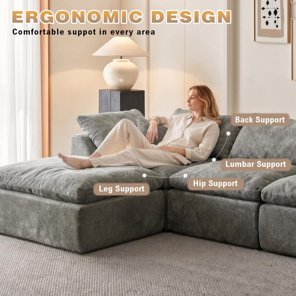 110" Boneless Cloud Couch Sectional, Oversized Modular L Shaped Sofa with Ottoman, Deep Seat Chenille Sectional