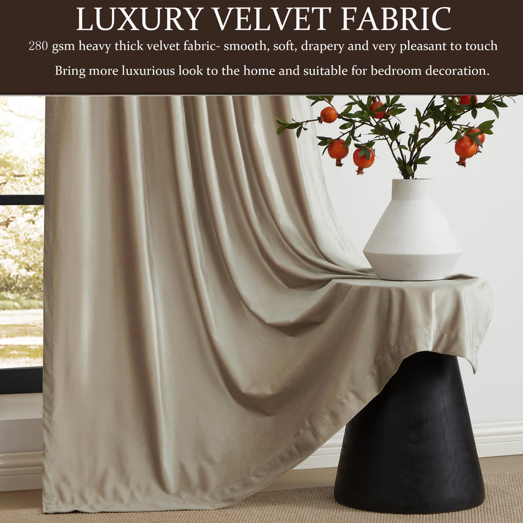 Full Blackout Champagne Beige Velvet Curtains 120 inch Long, Set of 2 Liner Rod Pocket Back Tab Thermal Window