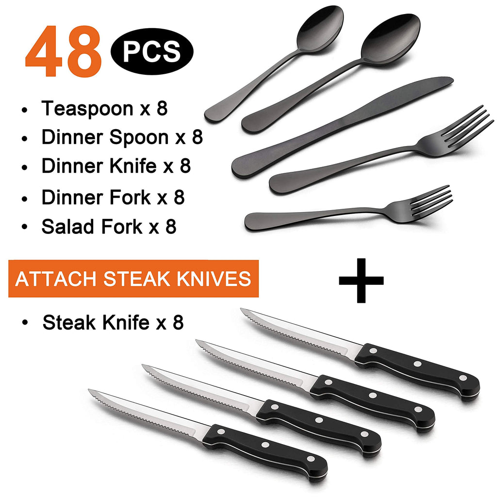 48-Piece Black Silverware Set with Steak Knives, Stainless Steel Flatware for 8, Mirror Finish, Dishwasher Safe