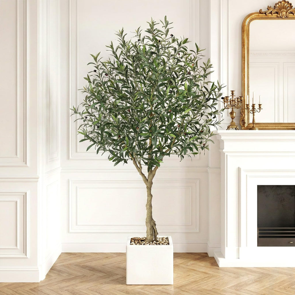 Artificial Olive Tree 7FT Indoor - Faux Olive Tree with Natural Wood Trunk & Realistic Leaves, Tall Potted Fake Olive