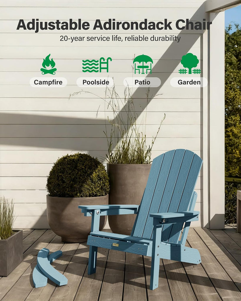 Adirondack Rocking Chairs Set of 2, with Footrest, All-Weather, Blue | 5- Level Adjustable Backrest, Retractable