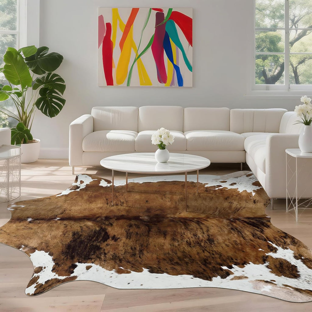 Faux Cowhide Print Rug, Brown Western Animal Cow Hide Rugs, Non Slip Cool Cow Skin Carpet Dining Room