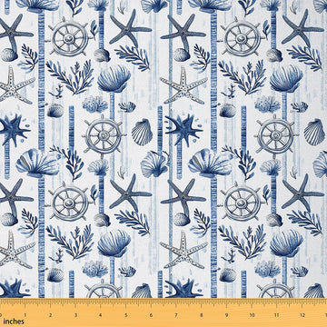 Starfish Fabric by The Yard 10 Yard Nautical Theme Upholstery Fabric for Chairs Boys Girls Blue White DIY Projects