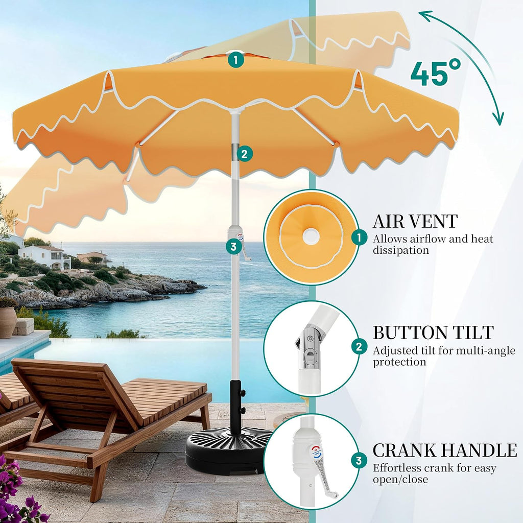 Patio Umbrella with Wavy Trim, UV-Fade-Resistant Canopy, Crank & Tilt - Mustard Yellow 7.5ft