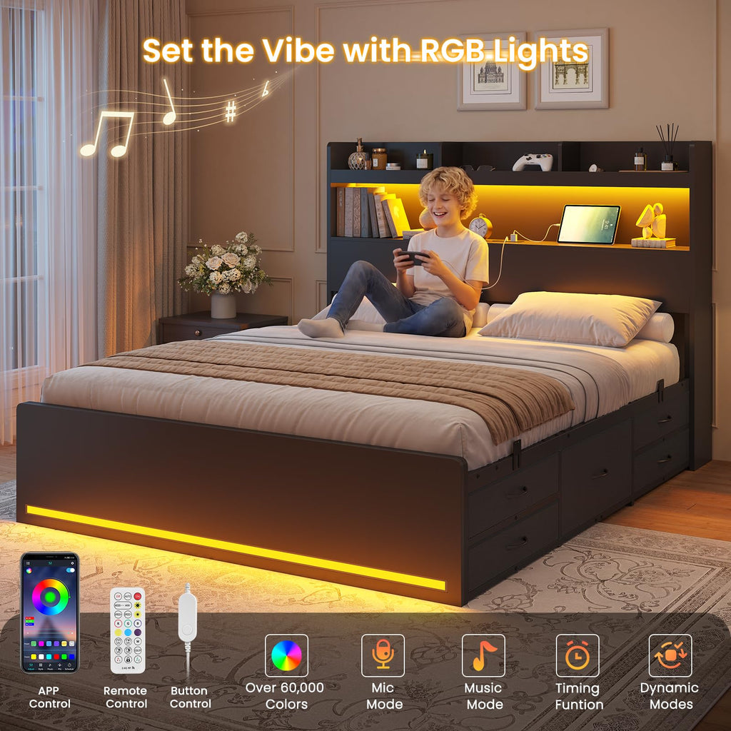 Queen Bed Frame with Storage Headboard & 5 Drawers, LED Bed Frame Queen Size with Charging Station, Wooden Platform