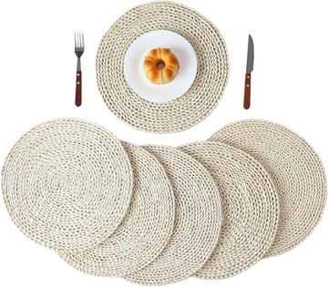 YRMT Round Woven Placemats Corn Husk Woven Placemat Braided Straw Water Hyacinth Place Mats for Dining - Set of 6