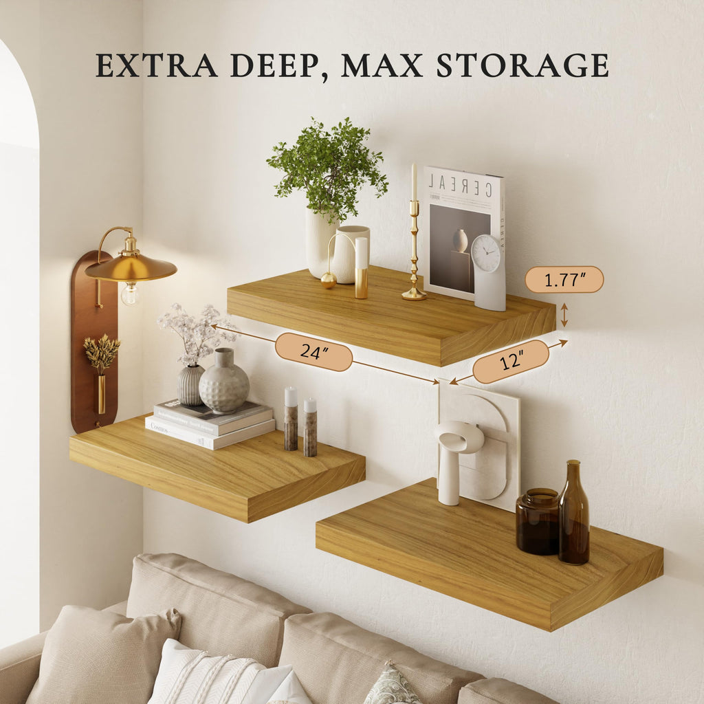24" Extra Deep Floating Shelves, Set of 3, Natural Wood