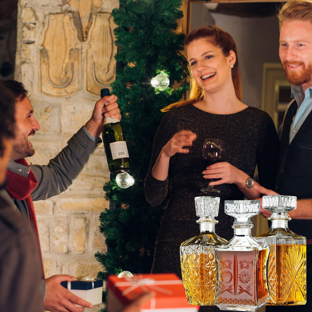 Whiskey Decanter, Premium Crystal Spirits Decanter for Scotch, Bourbon, Vodka & Whisky, Ideal Barware & Gift - Set of 3