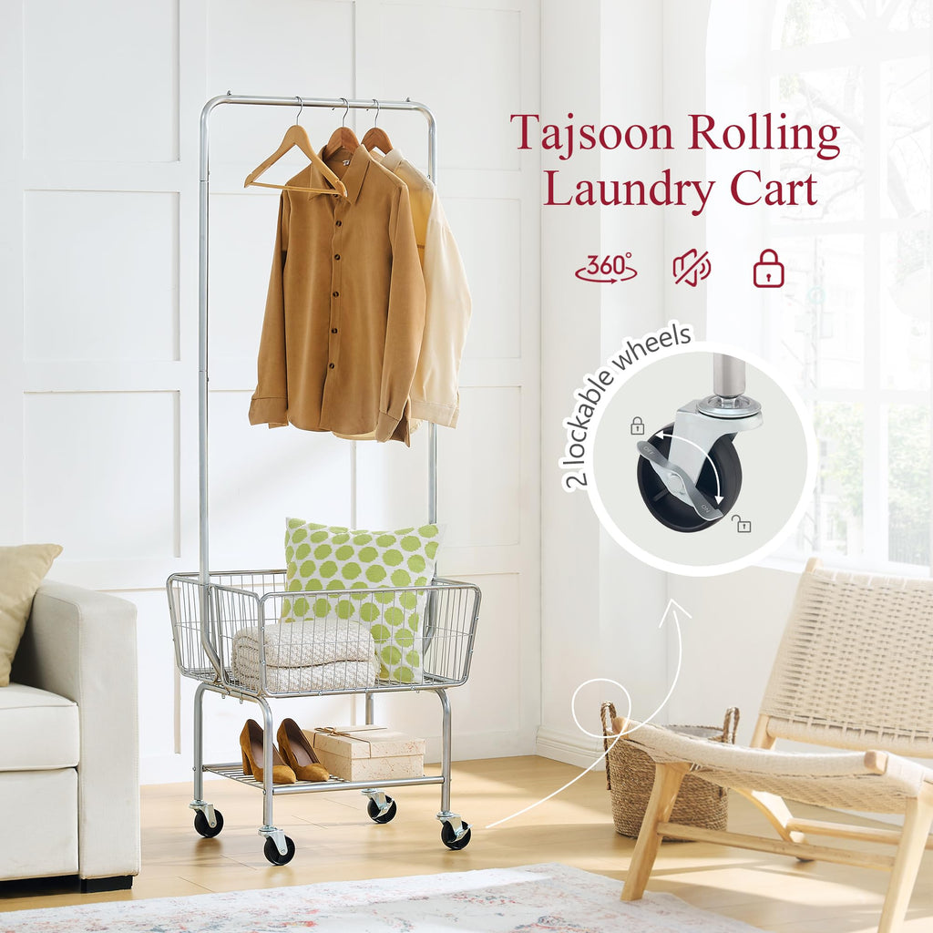 Rolling Laundry Cart with Hanging Rack & Laundry Basket, Silver