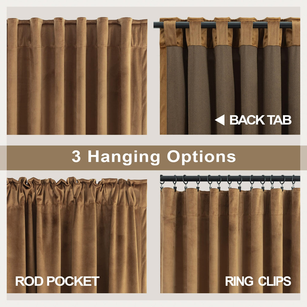 Gold Brown Velvet Curtains 108 Inch Long 2 Panel Sliding Door Insulating Soundproof Noise Reduction Drape Mid Century