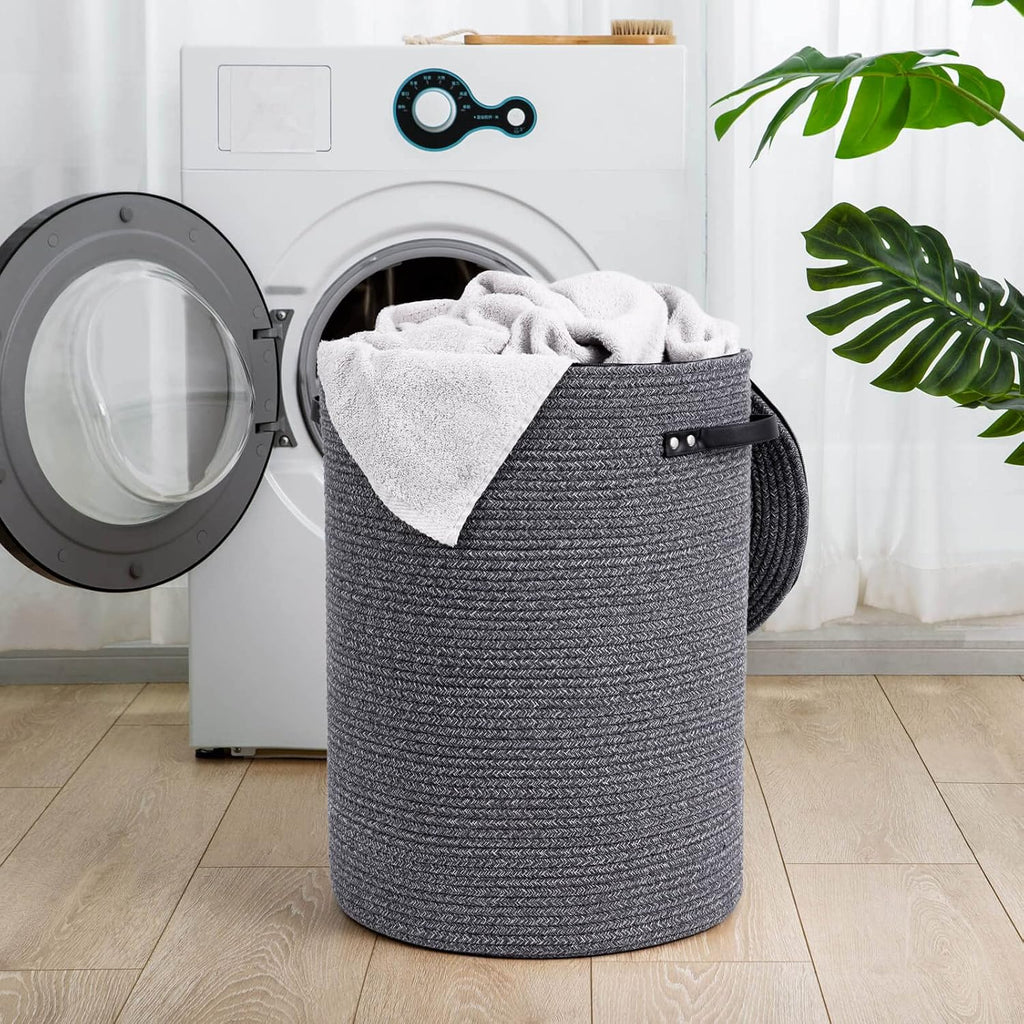 Large Woven Laundry Basket with Lid & Leather Handles, 60L, Grey | 15" x 20" Tall Laundry Hamper, Storage Basket for