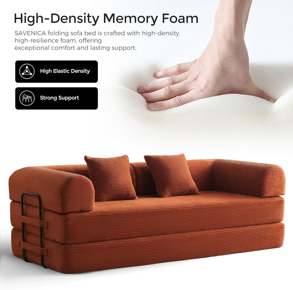 79" Convertible Futon Sofa Bed, Boneless Couch | Orange | Folding Corduroy Boneless Sleeper Sofa, Modular Futon Couch
