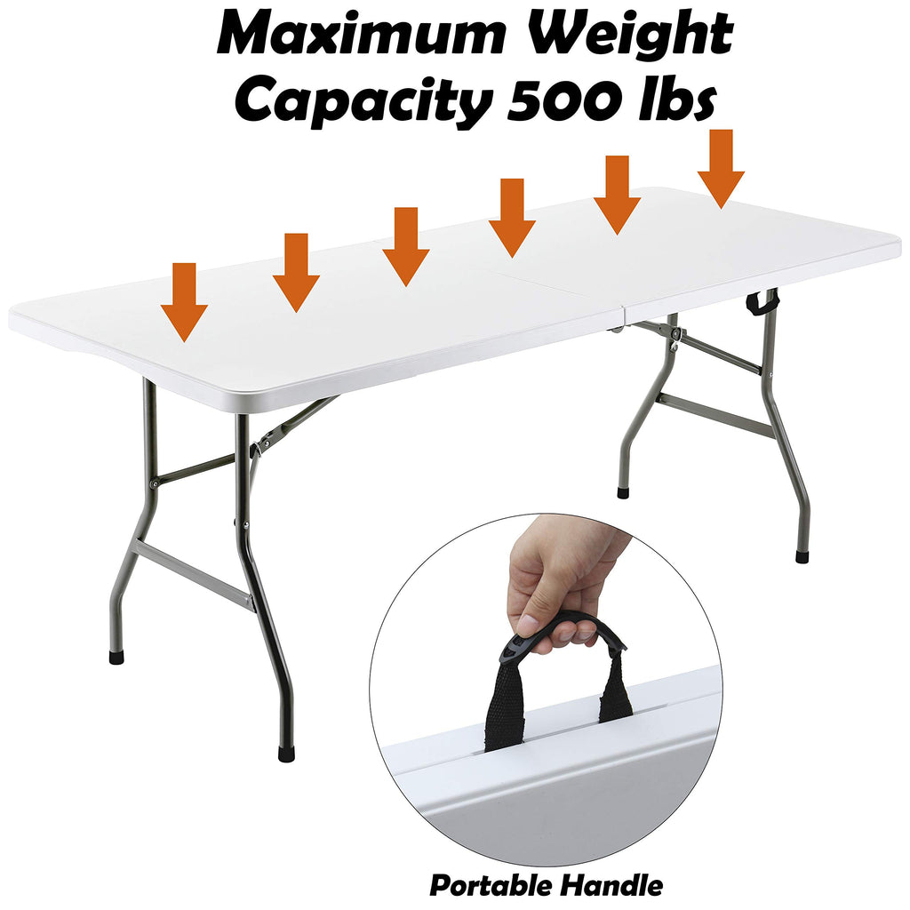 6ft Table, Folding Utility Table, Fold-in-Half Portable Plastic Picnic Party Dining Camp Table (White)