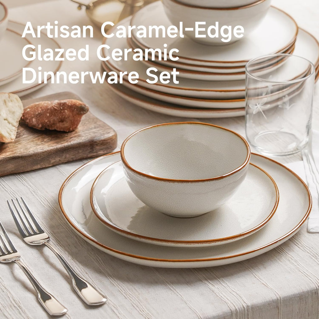 Stoneware Dinnerware Sets for 8, Reactive Glaze Plates and Bowls, White