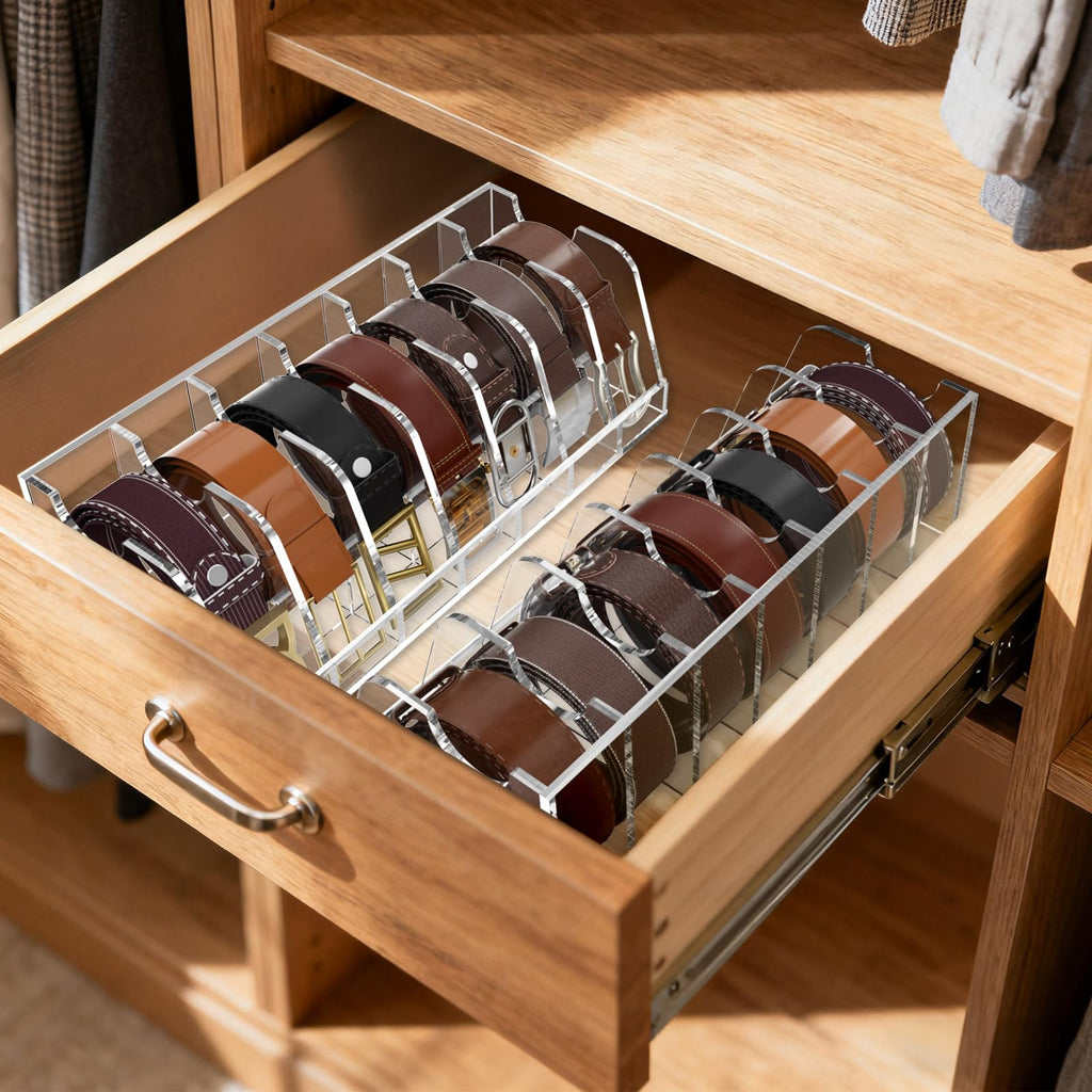 Belt Organizer for Closet,Acrylic Belt Holder Rack for Drawer,7 Grid