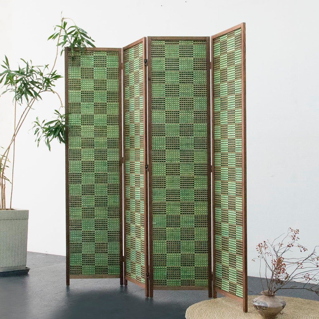 4 Panel Room Divider Screen and Folding Panel Screen, Double Sided Bamboo Divider for Room Separation, Emerald