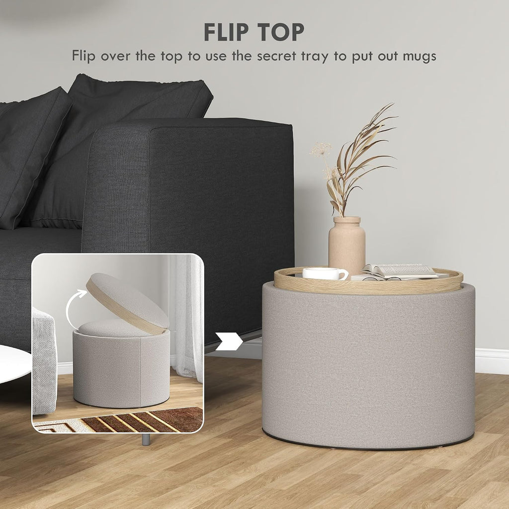 Round Storage Ottoman with Flip Top Tray, Footstool, Light Gray | Upholstered Fabric, Small Coffee Table, Hidden