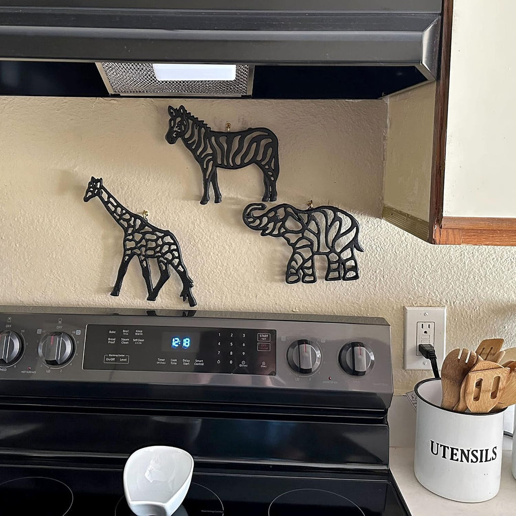Cast Iron Trivets, 9.5 Inch Safari Animal Designs - Set of 3