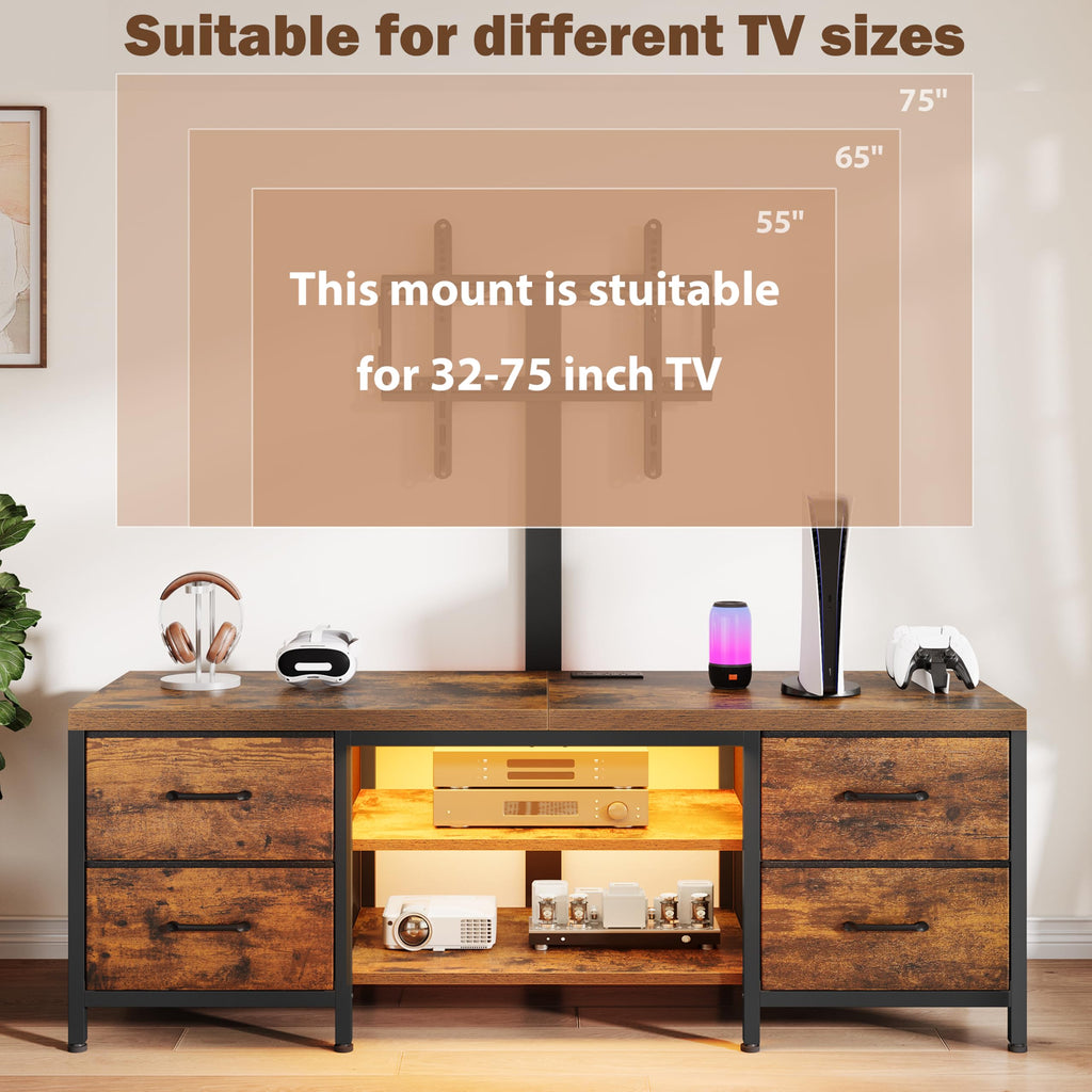 TV Stand for 75 Inch TV, w/TV Mount & Outlets, 59'' Rustic Brown
