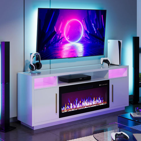 70" Fireplace TV Stand for TVs Up to 80", LED Light Entertainment Center with 36" Electric Fireplace Heater, Storage Cabinet, Media Console Table for Living Room - Avenue (White) A132-B0BVY8M9Z9