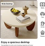 Round Concrete Coffee Table with Premium Walnut Ash Wood Legs, Modern Minimalist Cement Finish Center Table