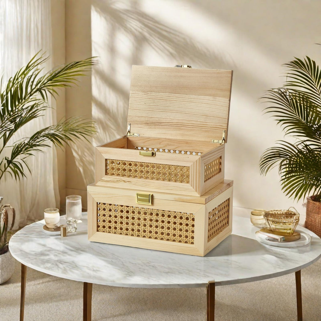 2PCS Decorative Rattan Storage Box Basket with Lid Wooden Frame